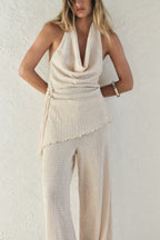 Women's Summer Texture Asymmetric Top Draping Trousers Set