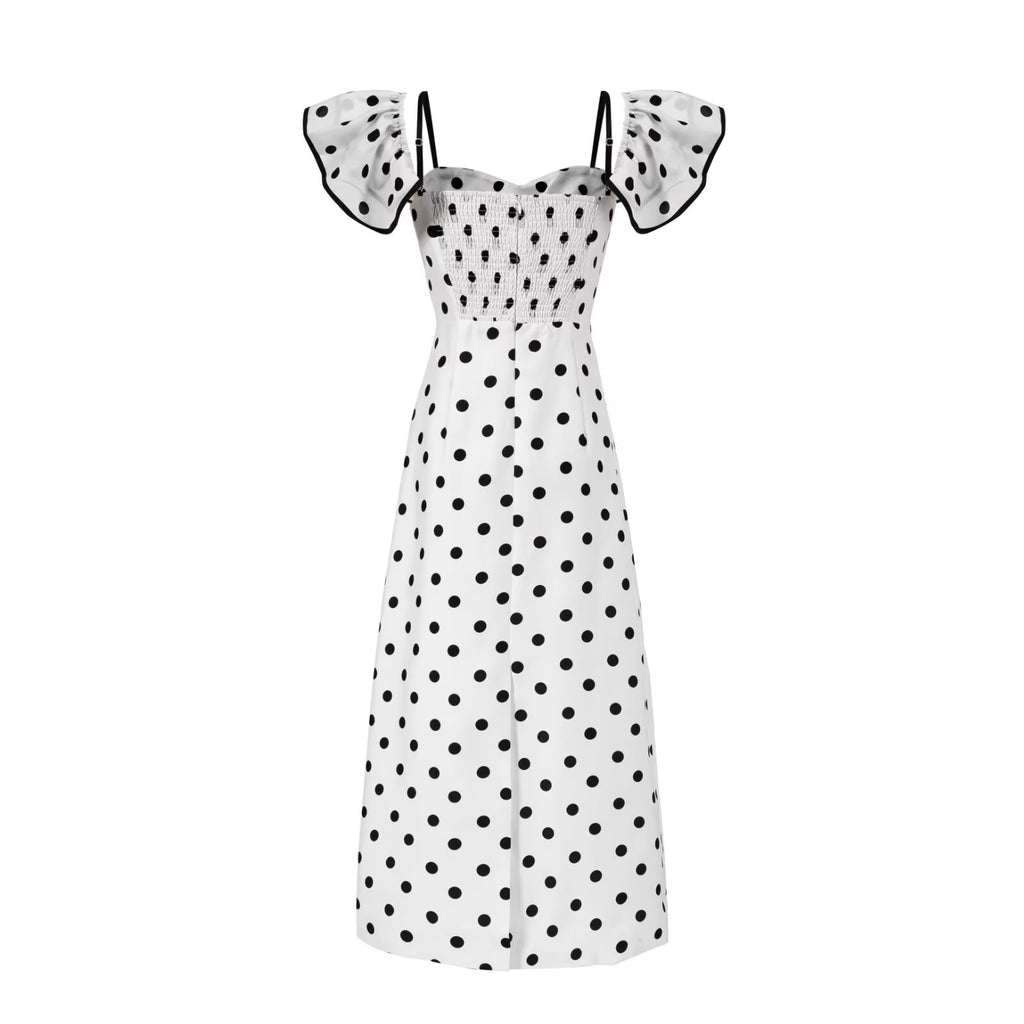 Elegant Retro Black White Polka-Dot Bandeau Show Figure Length Dress