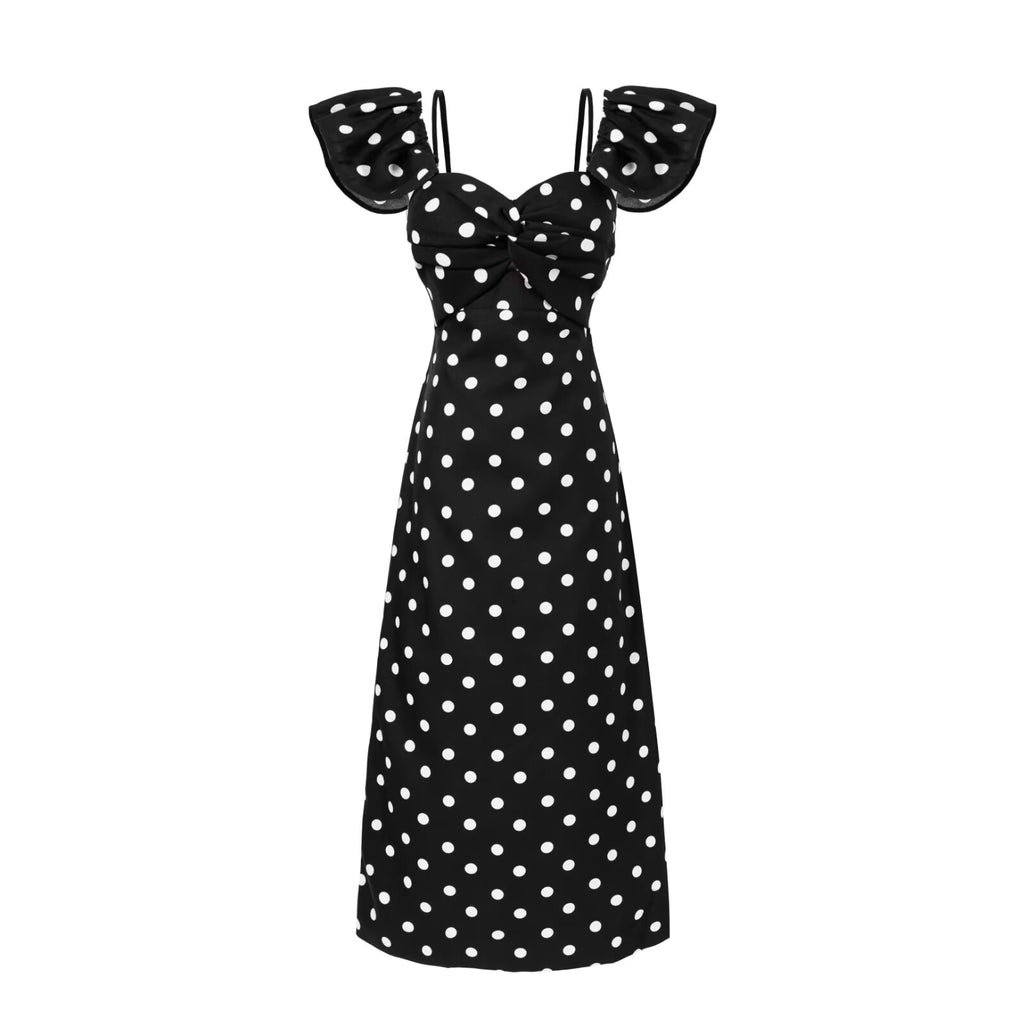 Elegant Retro Black White Polka-Dot Bandeau Show Figure Length Dress