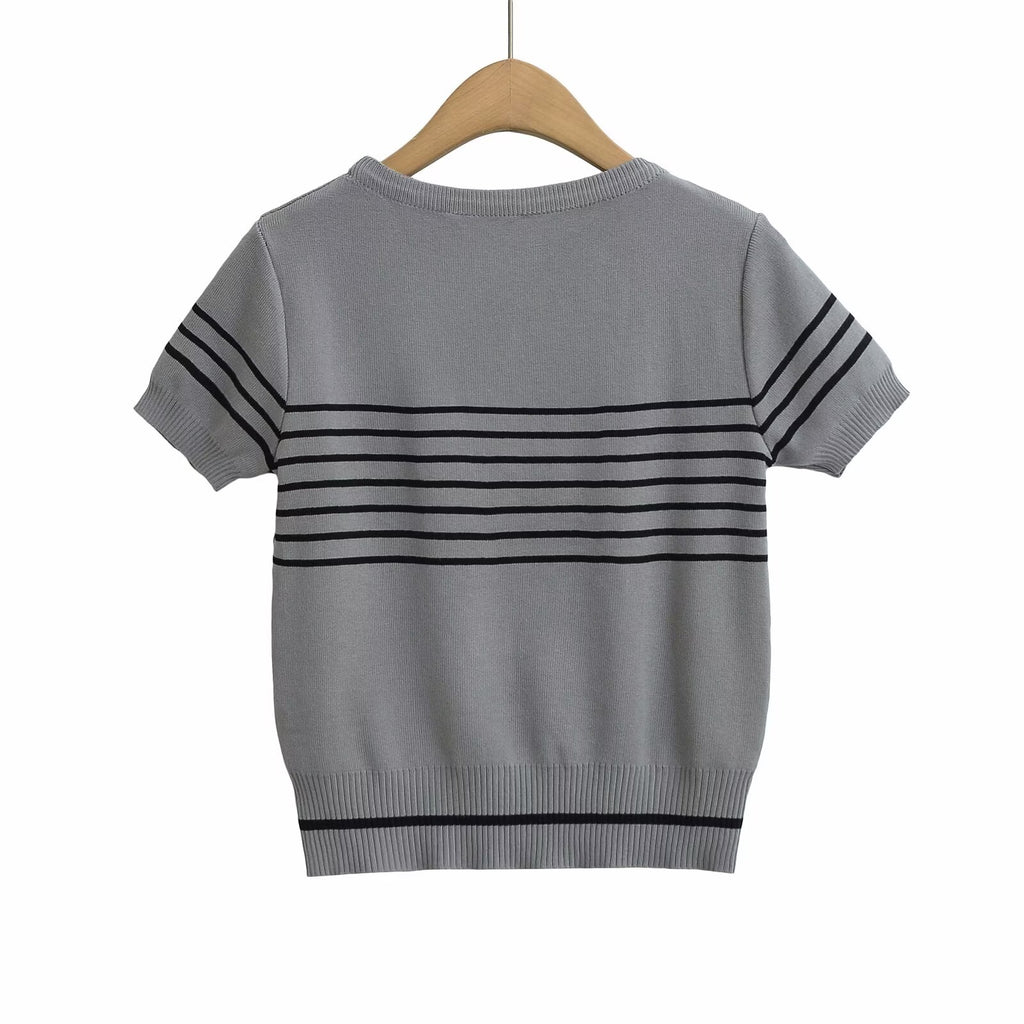 Women's Striped Jacquard Short Sleeve Knit Top