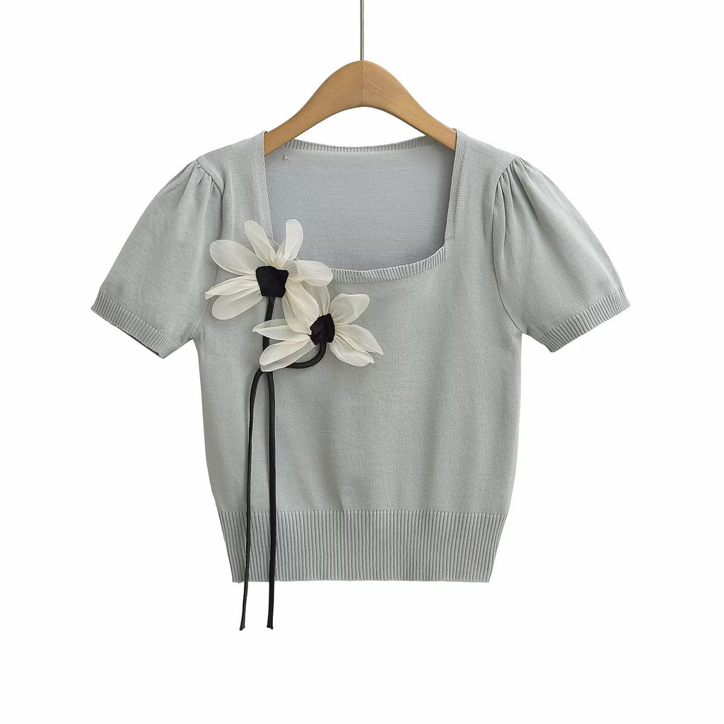 Women's Spring Women Clothing Three Dimensional Floral Decoration Square Collar Short Sleeve T Shirt Small Top