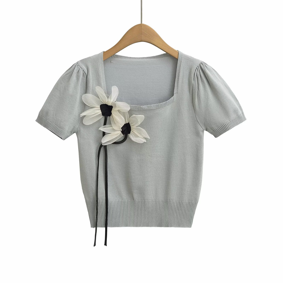 Women's Spring Women Clothing Three Dimensional Floral Decoration Square Collar Short Sleeve T Shirt Small Top
