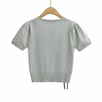 Women's Spring Women Clothing Three Dimensional Floral Decoration Square Collar Short Sleeve T Shirt Small Top