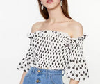 Women's Spring Pleated Elastic Slim Fit Off Neck Polka Dot Printed Ruffle Top Shirt
