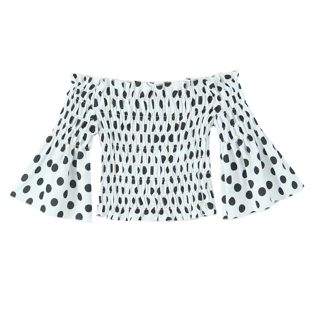Women's Spring Pleated Elastic Slim Fit Off Neck Polka Dot Printed Ruffle Top Shirt