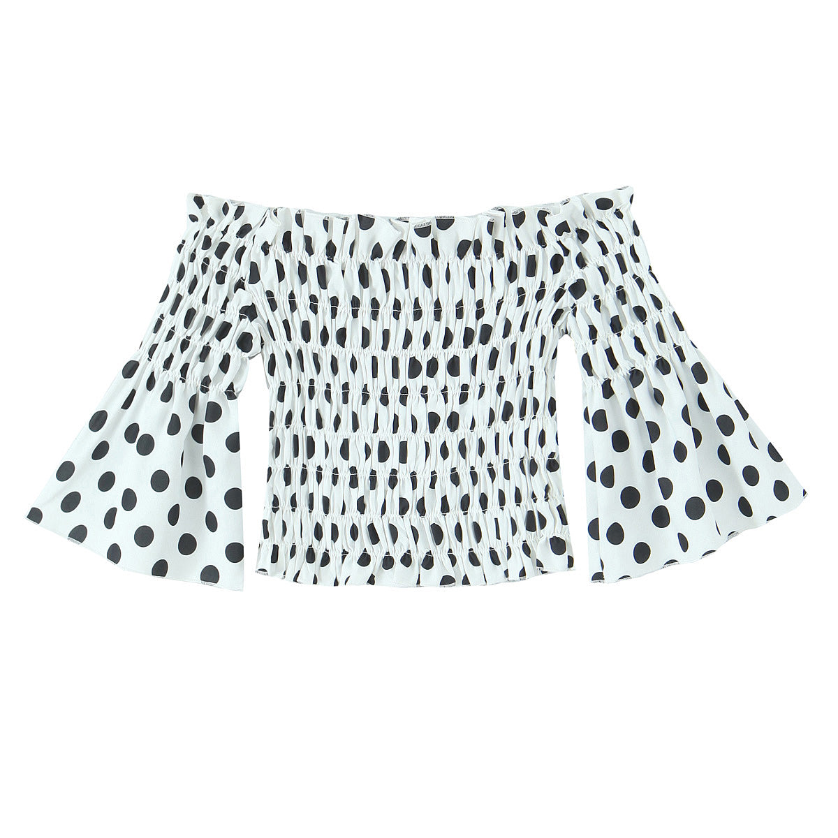 Women's Spring Pleated Elastic Slim Fit Off Neck Polka Dot Printed Ruffle Top Shirt
