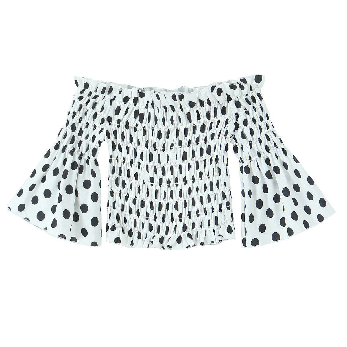 Women's Spring Pleated Elastic Slim Fit Off Neck Polka Dot Printed Ruffle Top Shirt