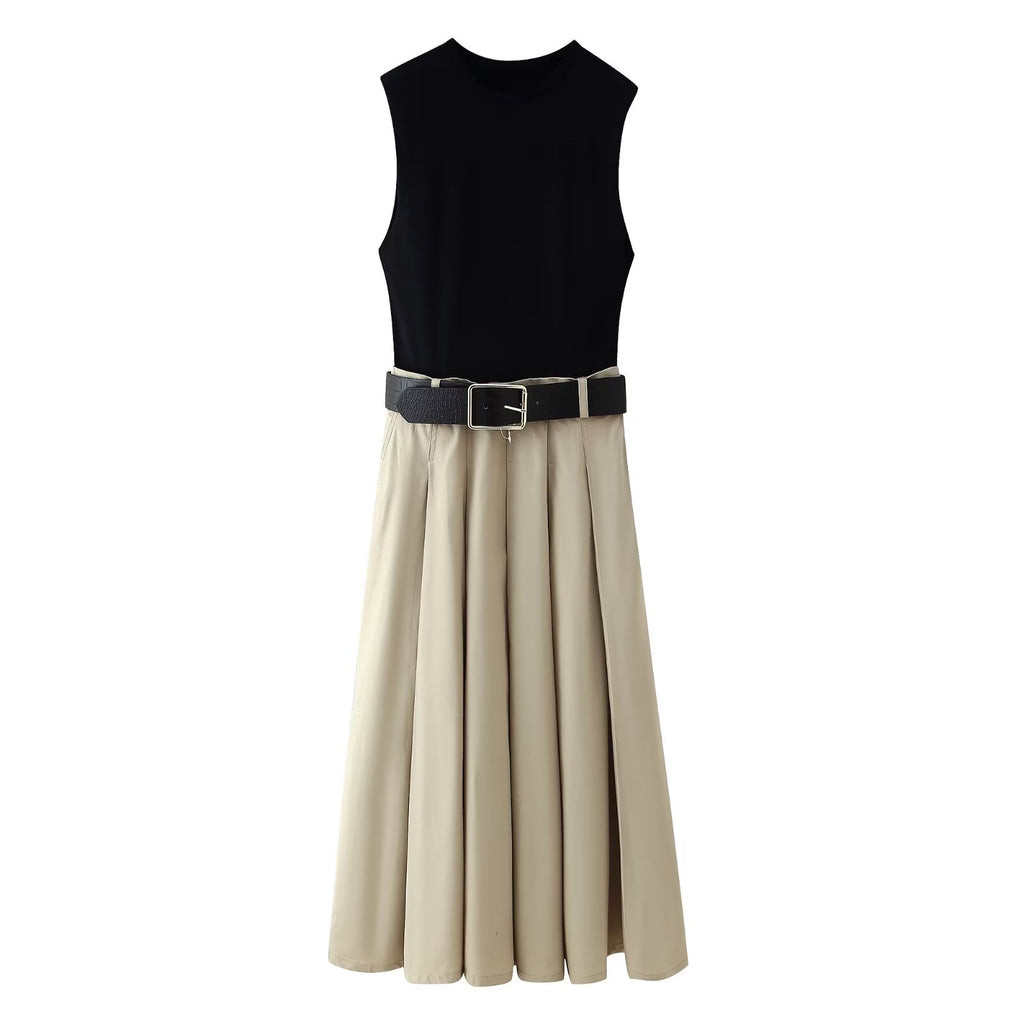 Women's Strap Padded Shoulder Patchwork round Neck Sleeveless Dress