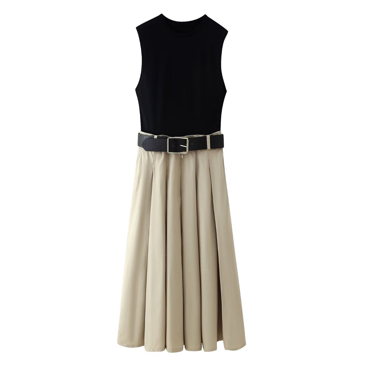 Women's Strap Padded Shoulder Patchwork round Neck Sleeveless Dress
