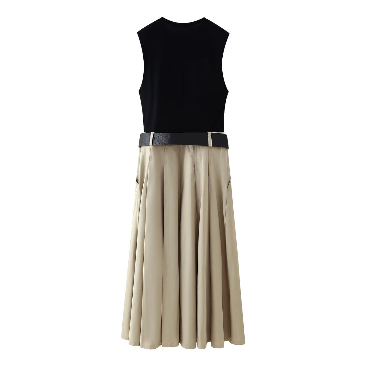 Women's Strap Padded Shoulder Patchwork round Neck Sleeveless Dress