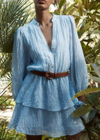 High-Collar Belted Button Three-Quarter-Sleeve A-Line Mini Dress