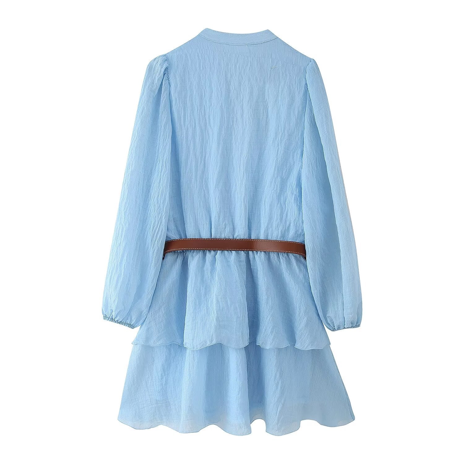 High-Collar Belted Button Three-Quarter-Sleeve A-Line Mini Dress