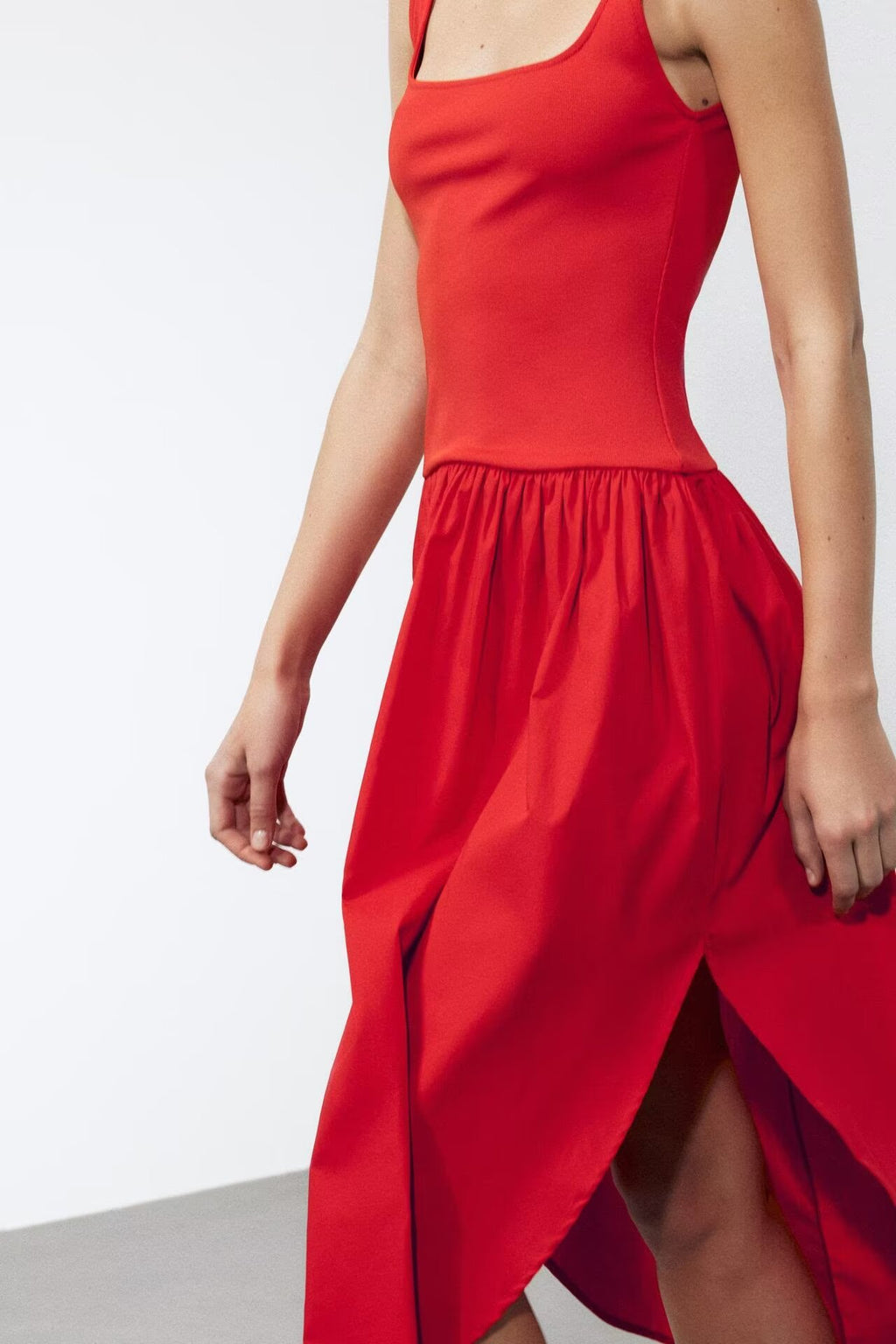 Square-Neck Ruched Split A-Line High-Low Dress