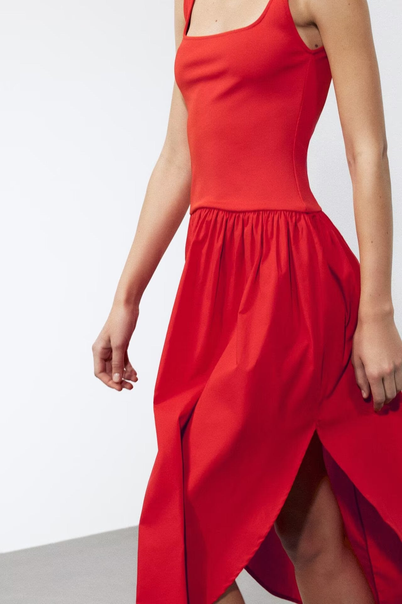 Square-Neck Ruched Split A-Line High-Low Dress