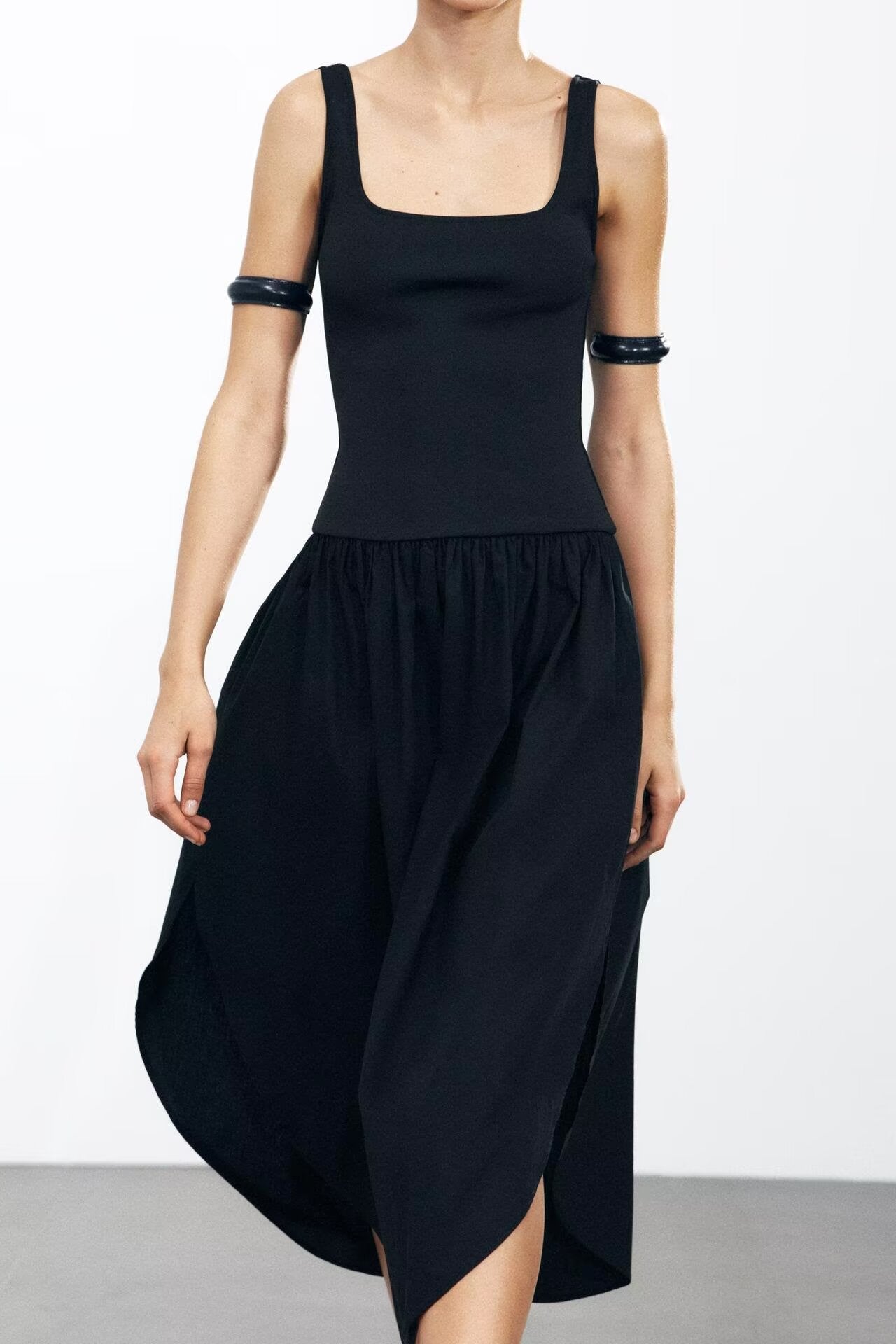 Square-Neck Ruched Split A-Line High-Low Dress