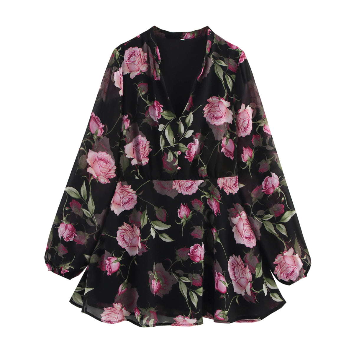 Women's Floral V-Neck Puff-sleeve Dress