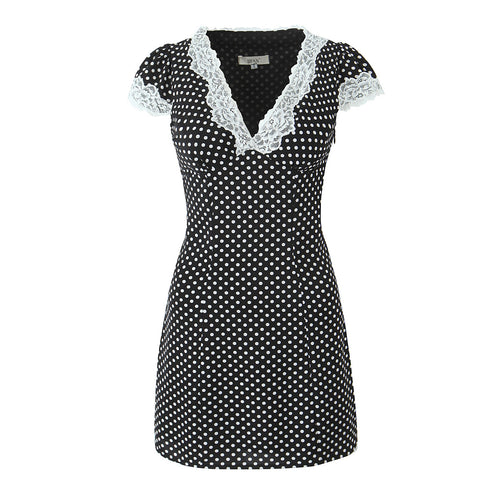Spring French Vintage Casual Design Lace V neck Polka Dot Dress
