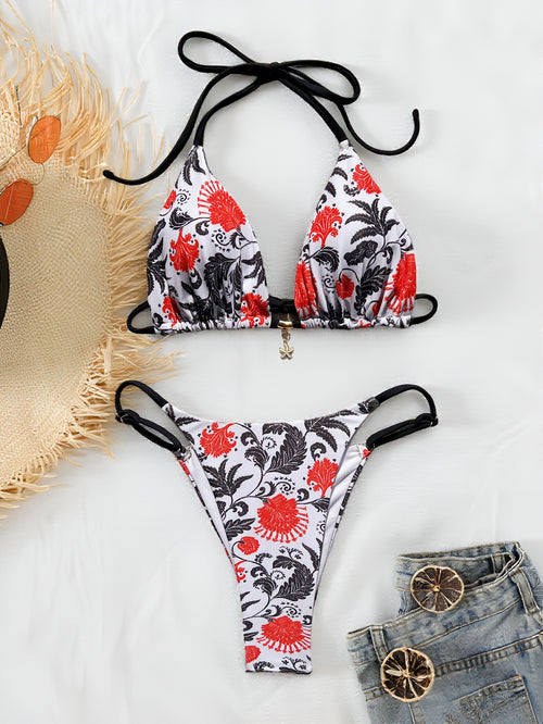 Bandage bikini set, red and white floral print triangle top and matching high-cut bottom