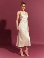 Women's Summer Satin Dress Tall Sexy Hip Wrapped Satin Mid Length Dress