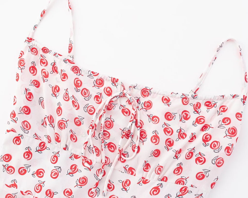 Sweet Printed Sleeveless Mid Length Square-Neck Backless Cami Dress