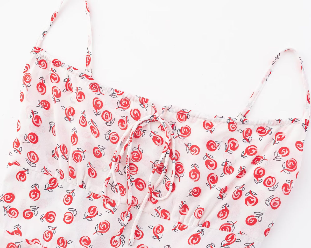 Sweet Printed Sleeveless Mid Length Square-Neck Backless Cami Dress