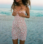 Women's Spring Ancient Cherry Slimming Printed Waist Controlled Lace Up Suspender Dress