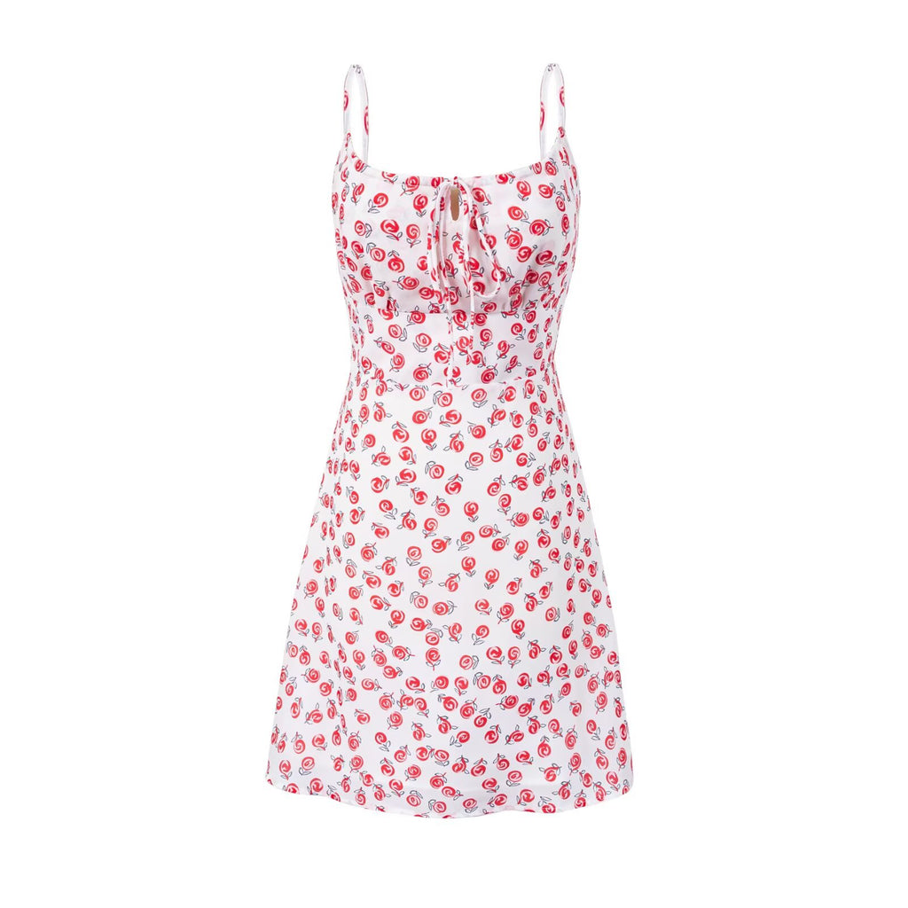 Women's Spring Ancient Cherry Slimming Printed Waist Controlled Lace Up Suspender Dress