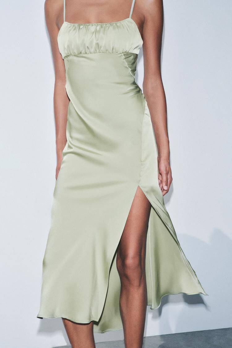 Women's Satin Spaghetti-Strap Ruched Split Midi Dress
