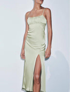 Women's Satin Spaghetti-Strap Ruched Split Midi Dress