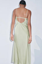 Women's Satin Spaghetti-Strap Ruched Split Midi Dress