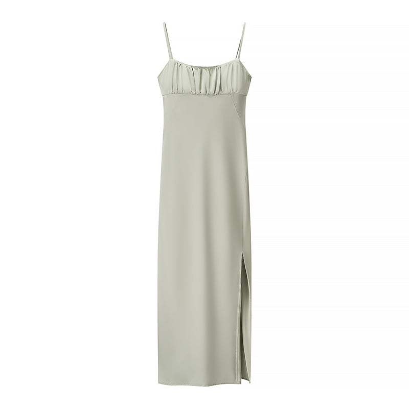 Women's Satin Spaghetti-Strap Ruched Split Midi Dress