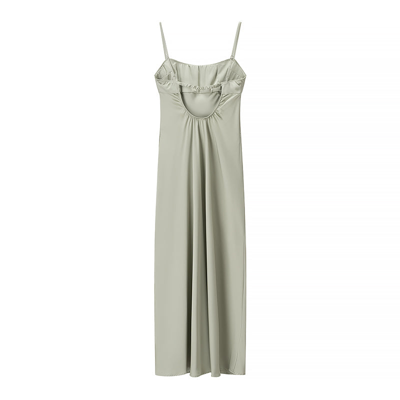 Women's Satin Spaghetti-Strap Ruched Split Midi Dress