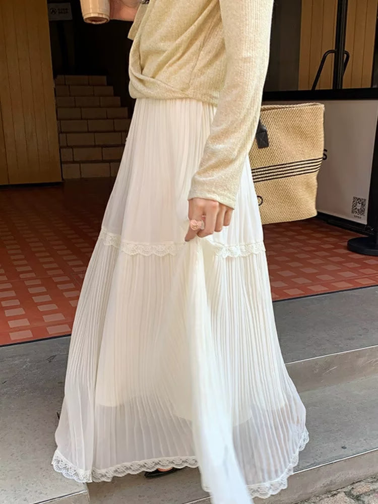 Summer White Moonlight Lace Draping Chiffon Pleated Skirt
