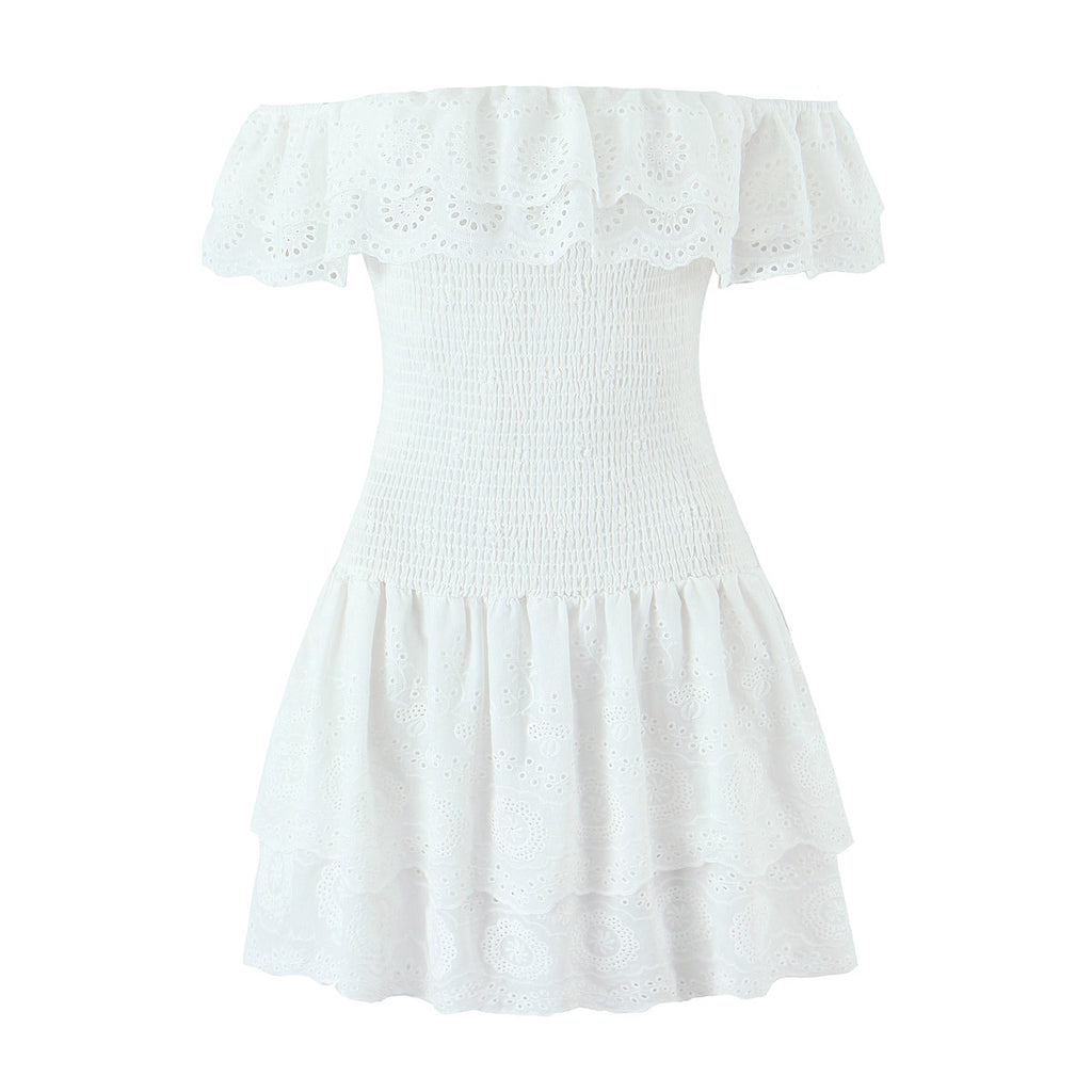 Lace Off-Shoulder Tiered Mini Dress