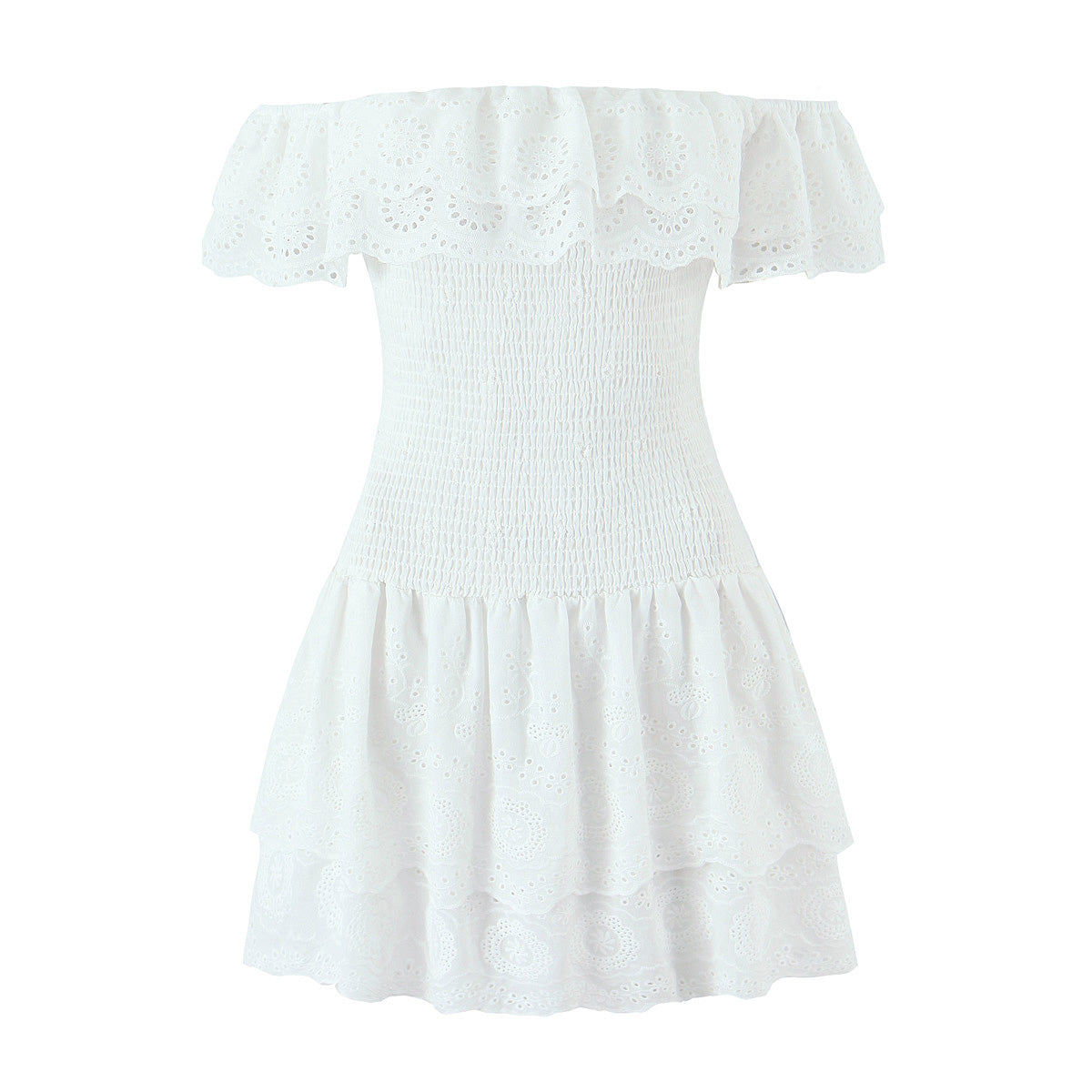 Lace Off-Shoulder Tiered Mini Dress
