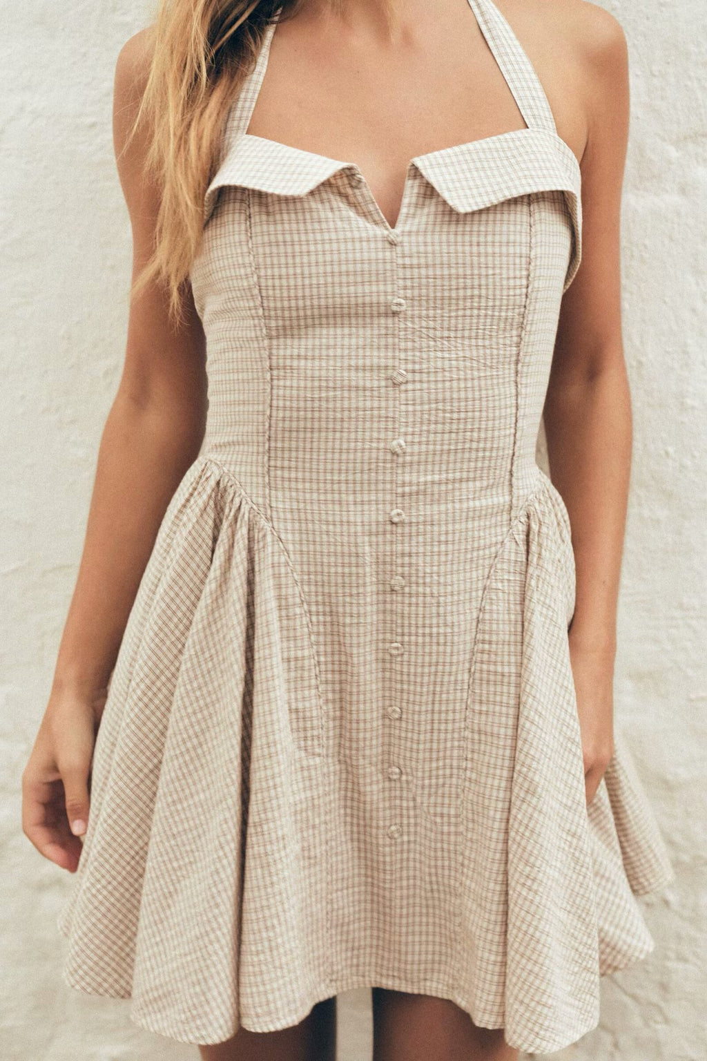 Simple Hanging Collar Plaid Slip Dress