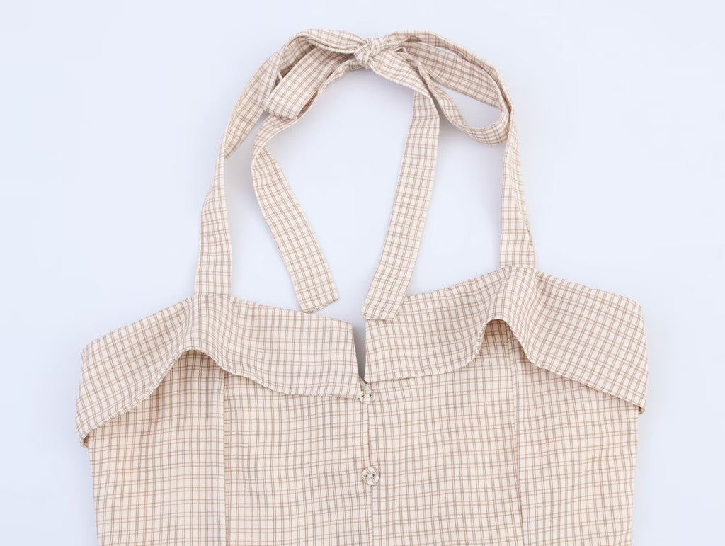 Simple Hanging Collar Plaid Slip Dress