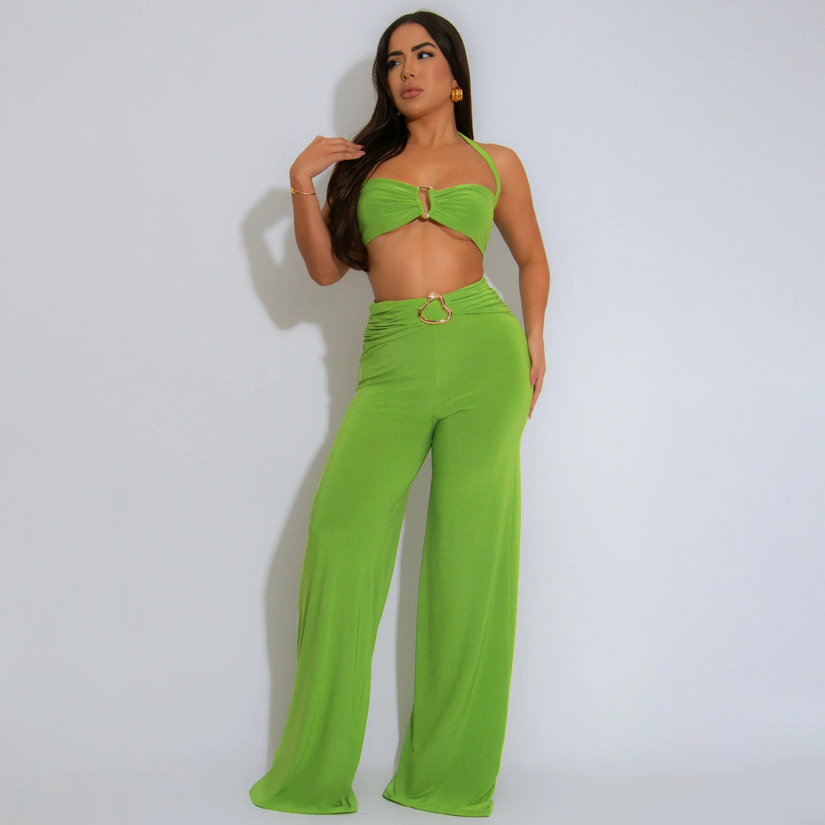 Summer Decorative Buckle Solid Color Halter Two-Piece Set