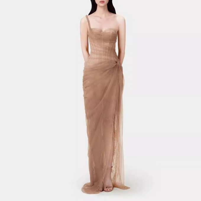 Women's One Shoulder Lace Sequin Slit Maxi Dress