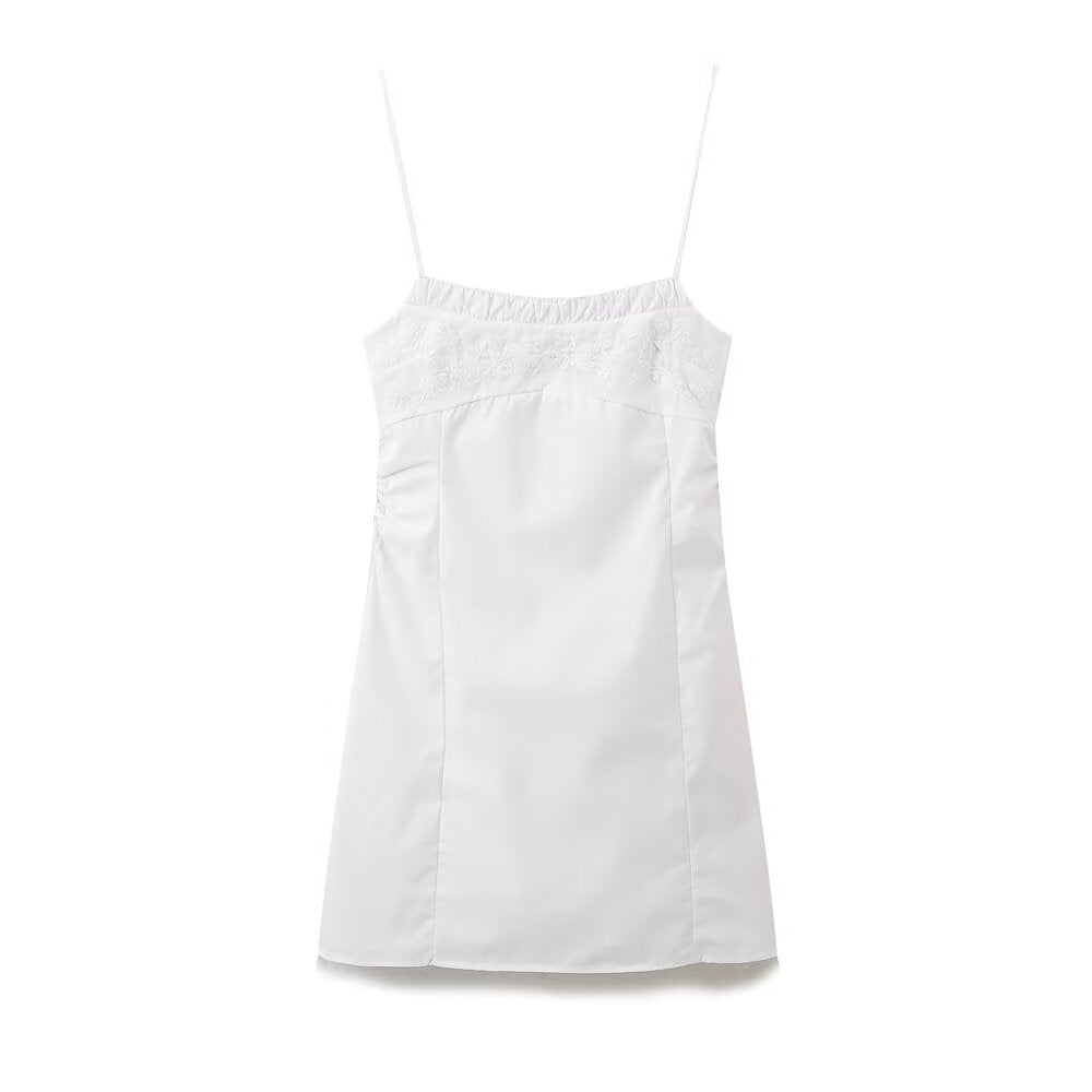 Embroidered Spaghetti-Strap Ruched A-Line Mini Dress