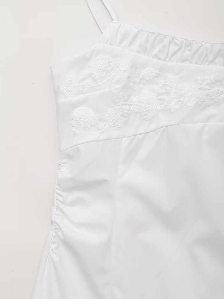 Embroidered Spaghetti-Strap Ruched A-Line Mini Dress