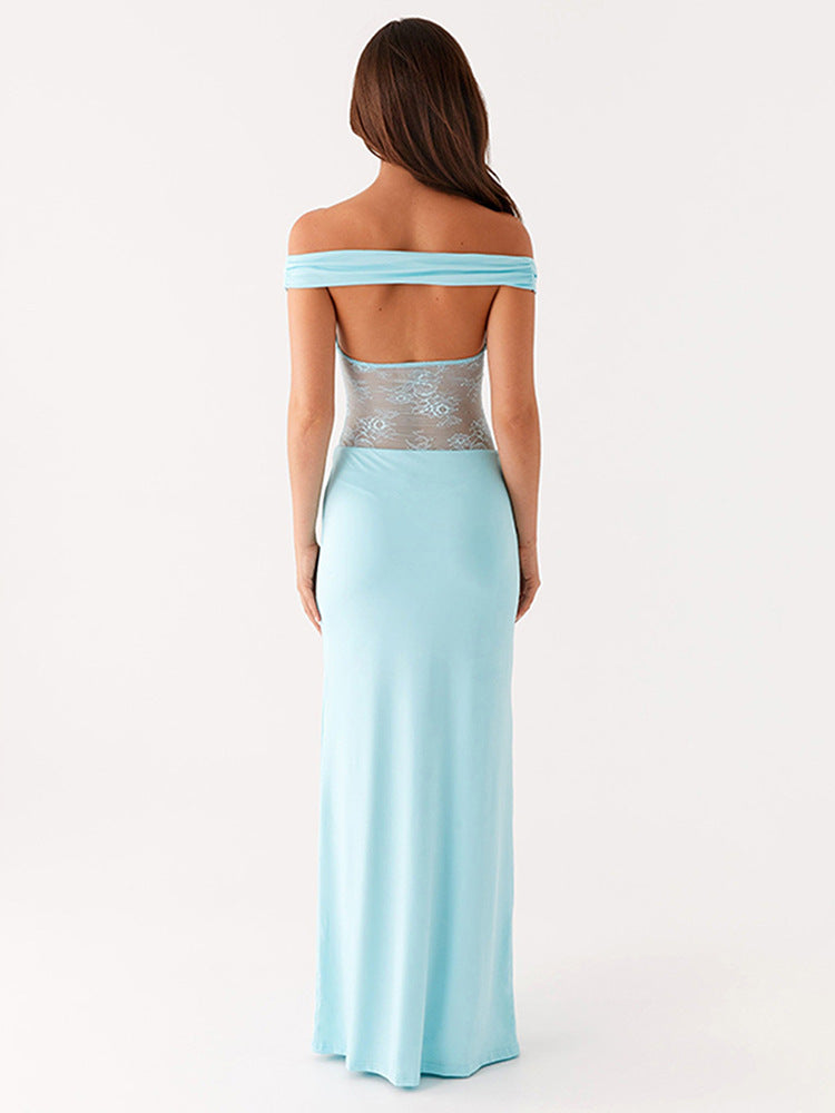 Women's Off-Shoulder Lace Backless A-Line Maxi Dress