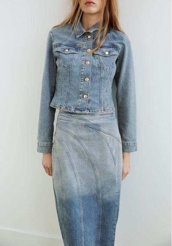 Women's Summer Denim Midi Top and Skirt Two-Piece Set