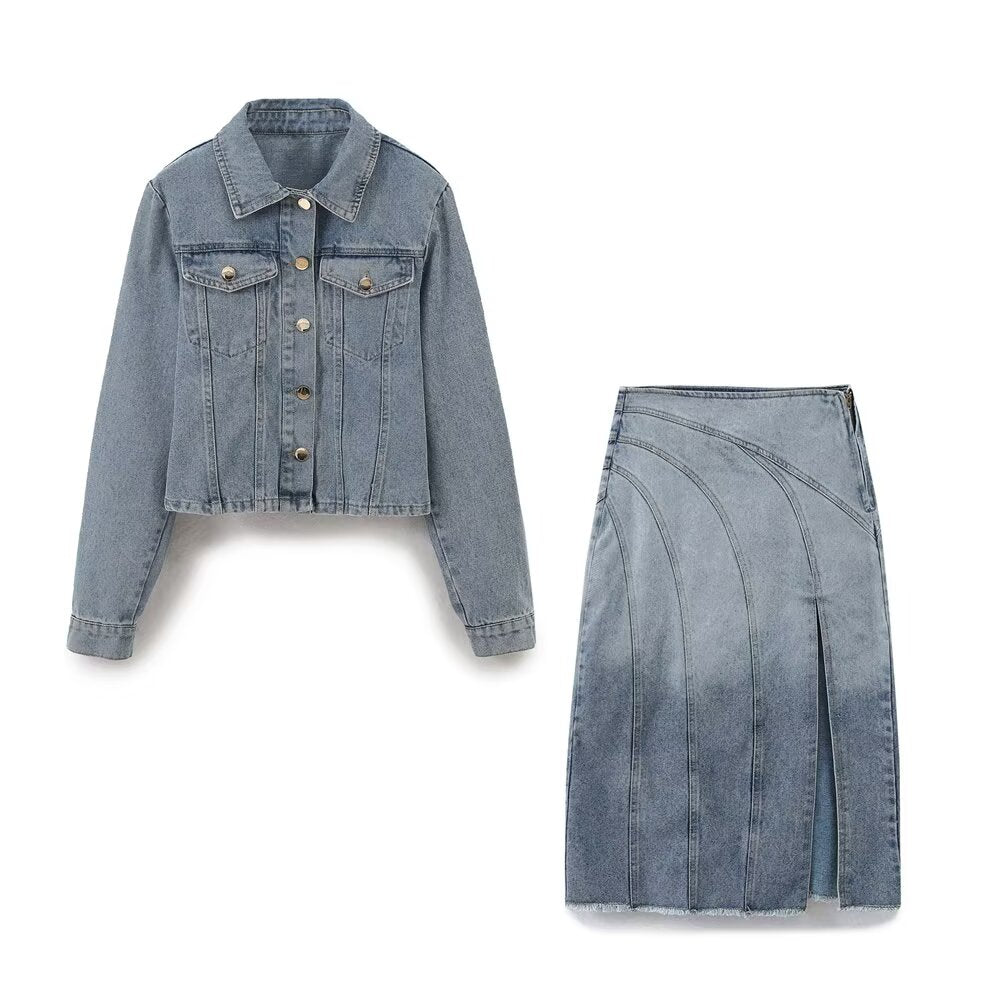 Women's Summer Denim Midi Top and Skirt Two-Piece Set