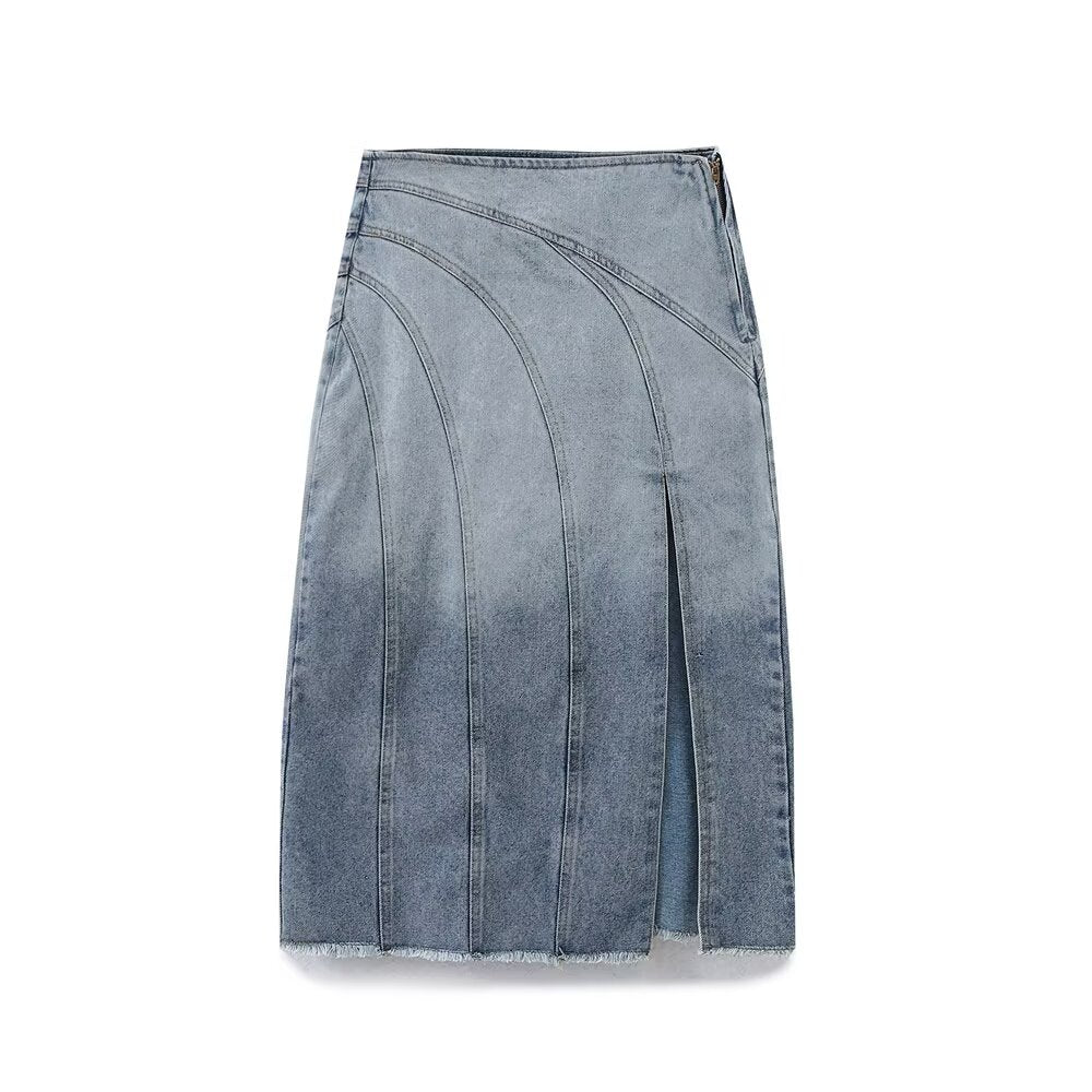 Women's Summer Denim Midi Top and Skirt Two-Piece Set