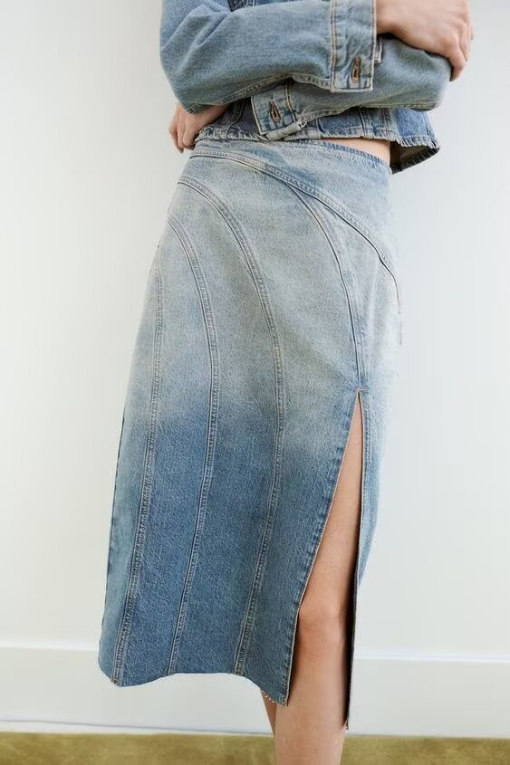Women's Summer Denim Midi Top and Skirt Two-Piece Set