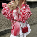 Cotton Plaid Shirt Design Ruffled Collared Long Sleeve Cardigan