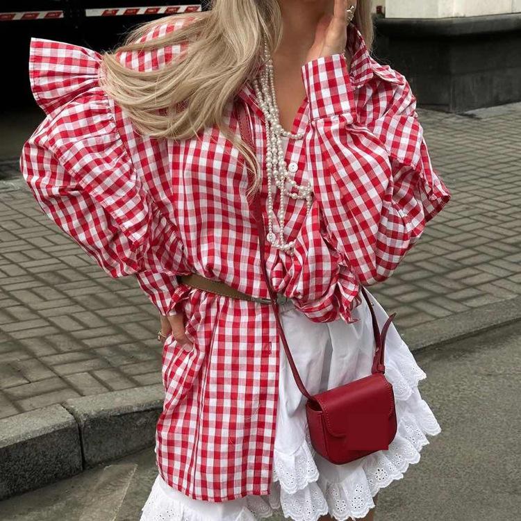 Cotton Plaid Shirt Design Ruffled Collared Long Sleeve Cardigan