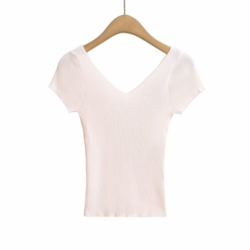 Women's Sweet V Neck Short Sleeve Solid Color Knitwear Top