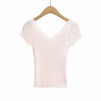 Women's Sweet V Neck Short Sleeve Solid Color Knitwear Top